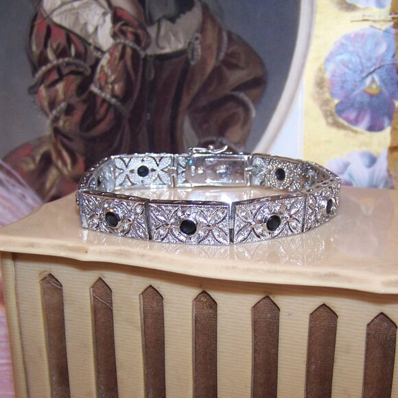 DBJ Dee Berkley Art Deco Revival Sterling Silver Blue Sapphire CZ Link Bracelet - Picture 7 of 9